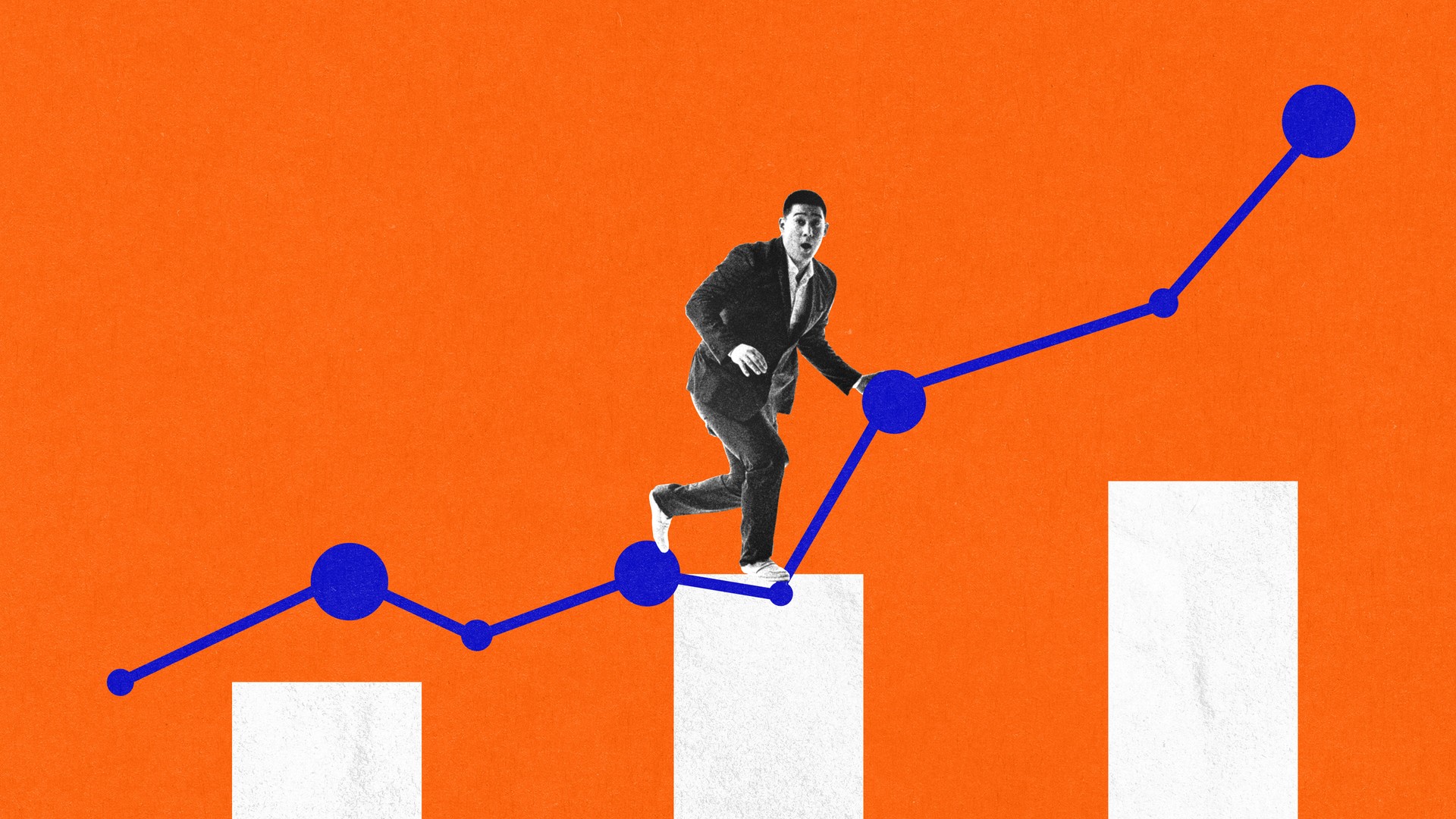 Modern artwork. Entrepreneur running on financial growth graph, moving forward with energy and determination, overcoming business challenges.
