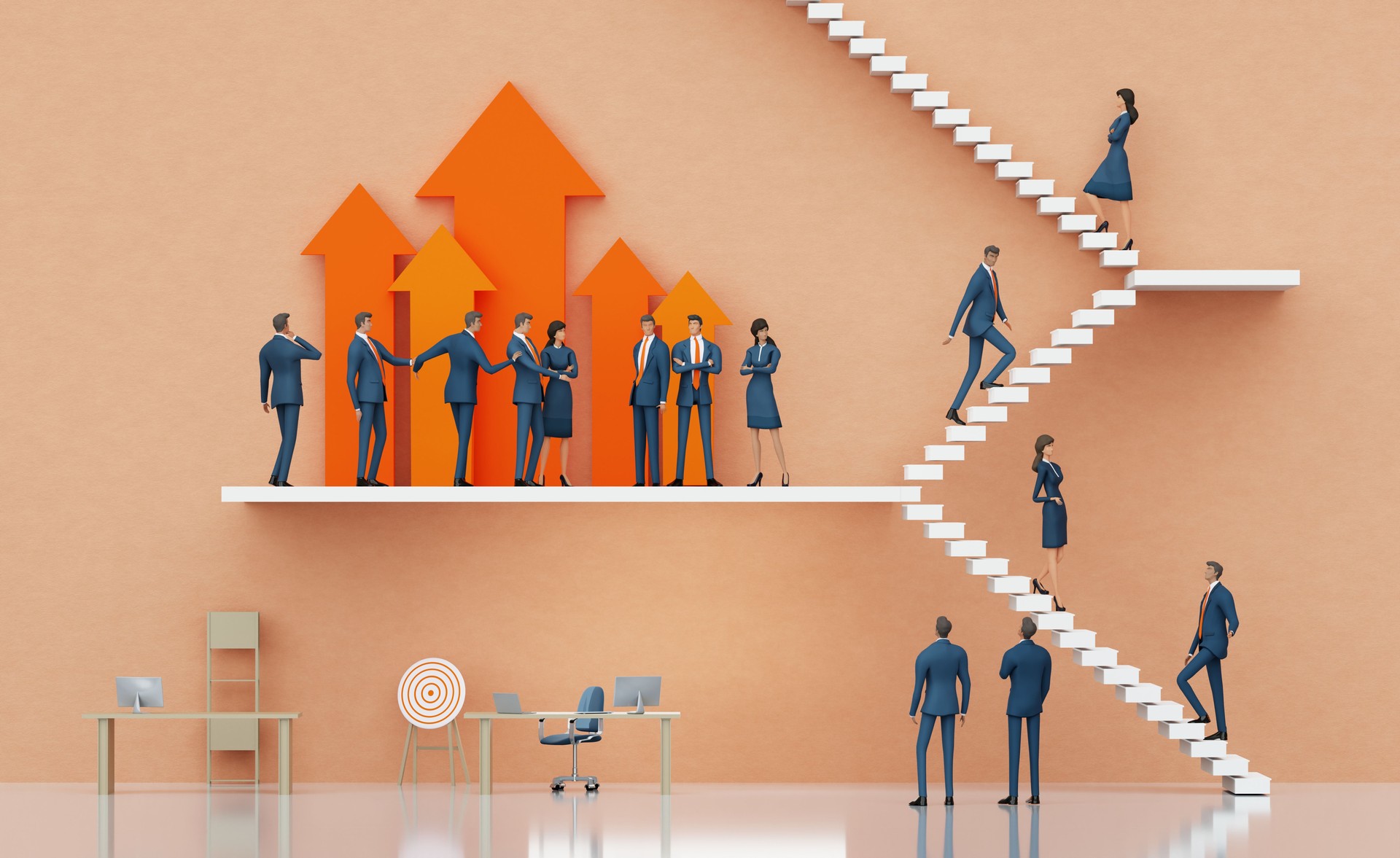 Business people and arrows growing up, Abstract environment with stairs and business people walking towards the success. 3d rendering